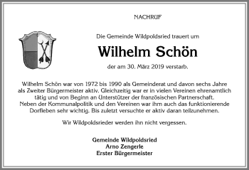 Traueranzeige von Wilhelm Schön von Allgäuer Zeitung,Kempten