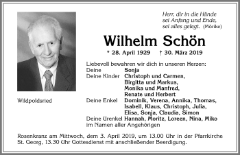 Traueranzeige von Wilhelm Schön von Allgäuer Zeitung,Kempten