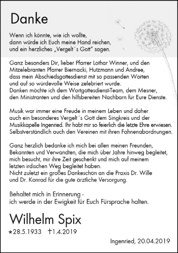 Traueranzeige von Wilhelm Spix von Allgäuer Zeitung, Marktoberdorf