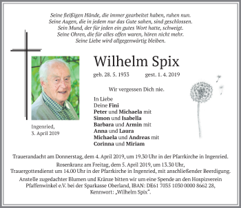 Traueranzeige von Wilhelm Spix von Allgäuer Zeitung, Marktoberdorf
