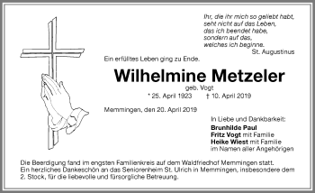 Traueranzeige von Wilhelmine Metzeler von Memminger Zeitung