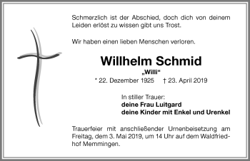Traueranzeige von Willhelm Schmid von Memminger Zeitung