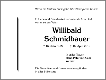 Traueranzeige von Willibald Schmidbauer von Allgäuer Zeitung, Kaufbeuren/Buchloe