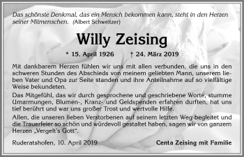 Traueranzeige von Willy Zeising von Allgäuer Zeitung, Marktoberdorf