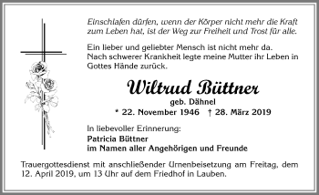 Traueranzeige von Wiltrud Büttner von Allgäuer Zeitung,Kempten