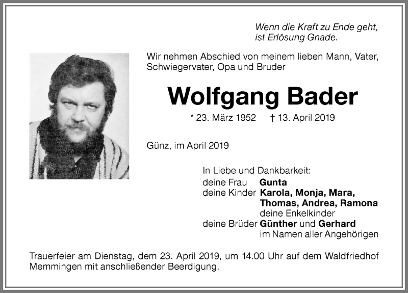  Traueranzeige für Wolfgang Bader vom 20.04.2019 aus Memminger Zeitung