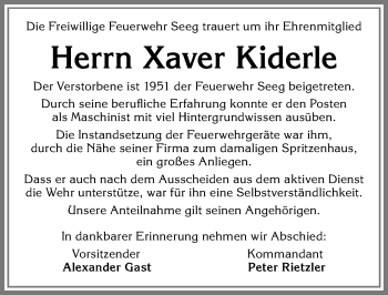 Traueranzeige von Xaver Kiderle von Allgäuer Zeitung, Füssen
