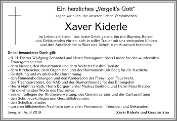 Traueranzeige von Xaver Kiderle von Allgäuer Zeitung, Füssen