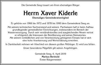 Traueranzeige von Xaver Kiderle von Allgäuer Zeitung, Füssen