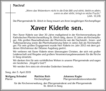 Traueranzeige von Xaver Kiderle von Allgäuer Zeitung, Füssen