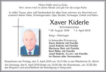 Traueranzeige von Xaver Kiderle von Allgäuer Zeitung