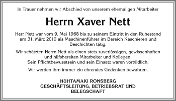 Traueranzeige von Xaver Nett von Allgäuer Zeitung, Marktoberdorf