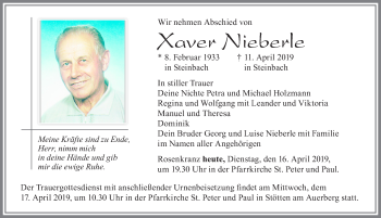 Traueranzeige von Xaver Nieberle von Allgäuer Zeitung, Marktoberdorf