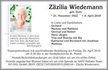 Traueranzeige von Zäzilia Wiedemann von Allgäuer Zeitung, Marktoberdorf