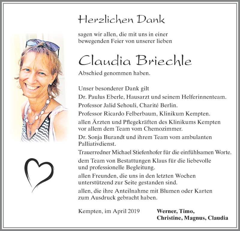  Traueranzeige für Claudia Briechle vom 13.04.2019 aus Allgäuer Zeitung, Kempten
