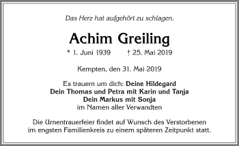 Traueranzeige von Achim Greiling von Allgäuer Zeitung,Kempten