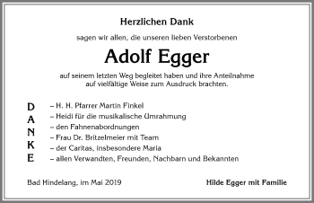 Traueranzeige von Adolf Egger von Allgäuer Anzeigeblatt