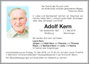 Traueranzeige von Adolf Kern von Memminger Zeitung