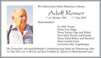 Traueranzeige von Adolf Romer von Allgäuer Zeitung, Marktoberdorf