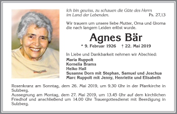Traueranzeige von Agnes Bär von Allgäuer Zeitung,Kempten