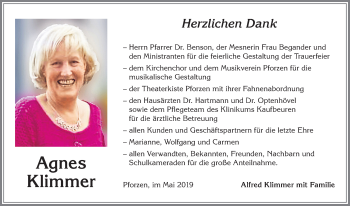 Traueranzeige von Agnes Klimmer von Allgäuer Zeitung, Kaufbeuren/Buchloe