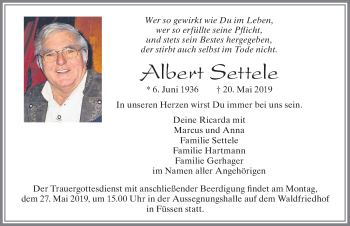 Traueranzeige von Albert Settele von Allgäuer Zeitung, Füssen