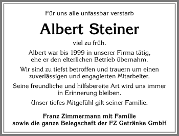 Traueranzeige von Albert Steiner von Allgäuer Zeitung, Füssen