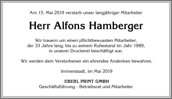 Traueranzeige von Alfons Hamberger von Allgäuer Anzeigeblatt