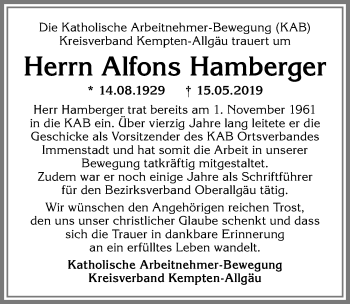 Traueranzeige von Alfons Hamberger von Allgäuer Anzeigeblatt