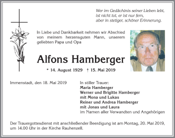 Traueranzeige von Alfons Hamberger von Allgäuer Anzeigeblatt