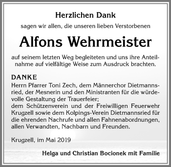 Traueranzeige von Alfons Wehrmeister von Allgäuer Zeitung,Kempten