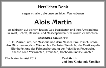 Traueranzeige von Alois Martin von Allgäuer Zeitung, Kaufbeuren/Buchloe