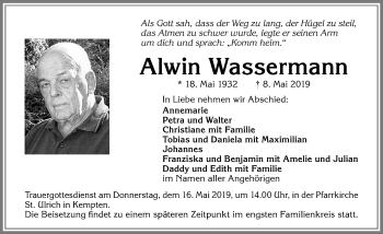 Traueranzeige von Alwin Wassermann von Allgäuer Zeitung,Kempten