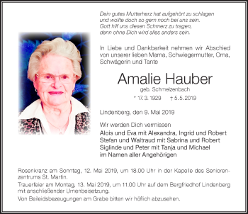 Traueranzeige von Amalie Hauber von Der Westallgäuer