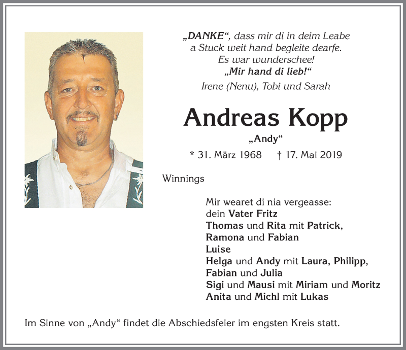  Traueranzeige für Andreas Kopp vom 22.05.2019 aus Allgäuer Zeitung,Kempten