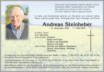 Traueranzeige von Andreas Steinheber von Allgäuer Zeitung, Kaufbeuren/Buchloe