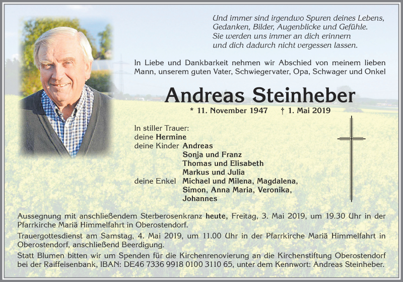  Traueranzeige für Andreas Steinheber vom 03.05.2019 aus Allgäuer Zeitung, Kaufbeuren/Buchloe