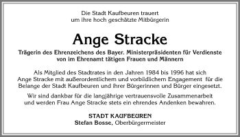 Traueranzeige von Ange Stracke von Allgäuer Zeitung, Kaufbeuren/Buchloe
