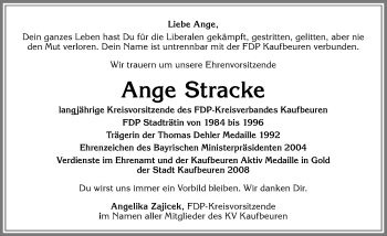 Traueranzeige von Ange Stracke von Allgäuer Zeitung, Kaufbeuren/Buchloe