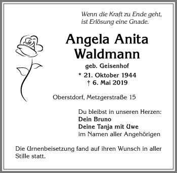 Traueranzeige von Angela Anita Waldmann von Allgäuer Anzeigeblatt