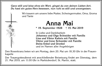 Traueranzeige von Anna Mai von Allgäuer Zeitung, Marktoberdorf