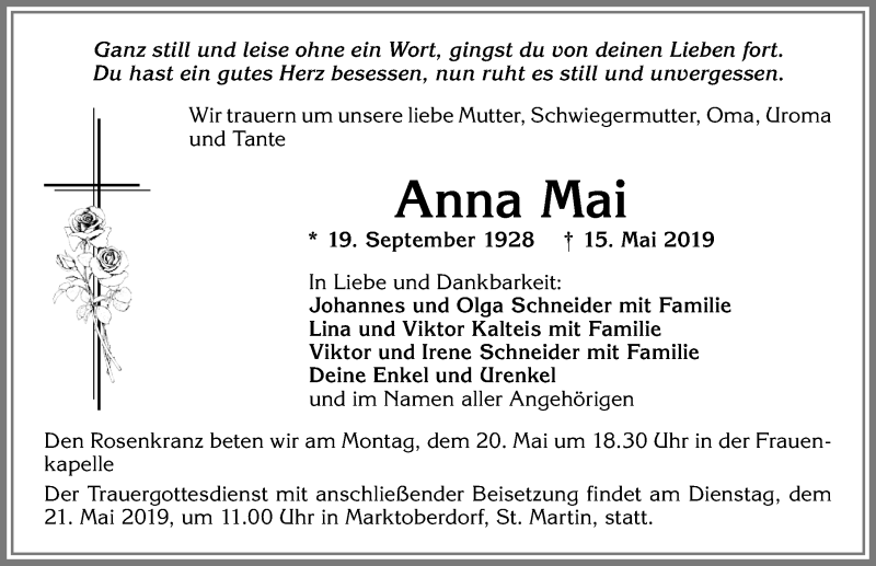  Traueranzeige für Anna Mai vom 18.05.2019 aus Allgäuer Zeitung, Marktoberdorf