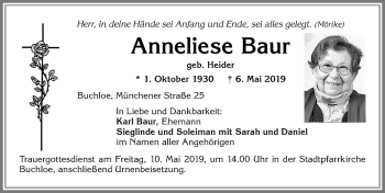 Traueranzeige von Anneliese Baur von Allgäuer Zeitung, Kaufbeuren/Buchloe