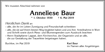 Traueranzeige von Anneliese Baur von Allgäuer Zeitung, Kaufbeuren/Buchloe