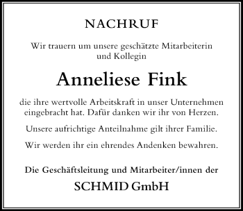 Traueranzeige von Anneliese Fink von Der Westallgäuer