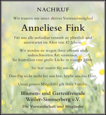 Traueranzeige von Anneliese Fink von Der Westallgäuer