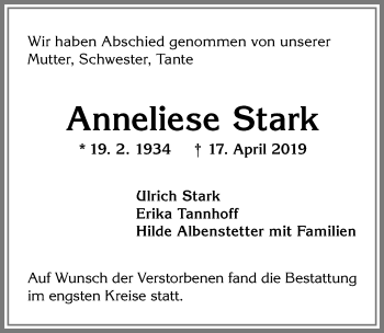 Traueranzeige von Anneliese Stark von Allgäuer Zeitung, Kaufbeuren/Buchloe