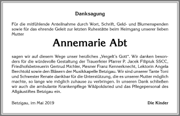 Traueranzeige von Annemarie Abt von Allgäuer Zeitung,Kempten