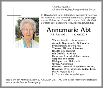 Traueranzeige von Annemarie Abt von Allgäuer Zeitung,Kempten