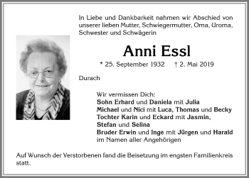 Traueranzeige von Anni Essl von Allgäuer Zeitung,Kempten